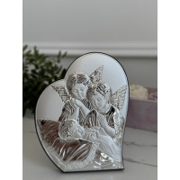 Срібна ікона-серце "Ангели над дитиною" на Перше Причастя 8,5x10,7 см