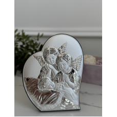 Срібна ікона-серце "Ангели над дитиною" на Перше Причастя 8,5x10,7 см Срібна ікона-серце "Ангели над дитиною" на Перше Причастя 8,5x10,7 см