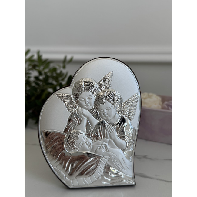 Срібна ікона у формі серця до Першої Сповіді та Урочистого Причастя 8.5х10.7 з Ангелами над немовлям