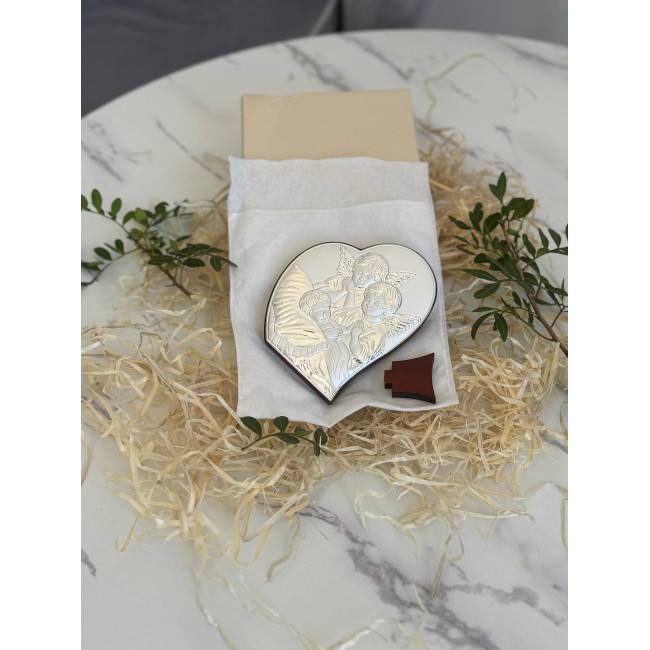 Срібна ікона у формі серця до Першої Сповіді та Урочистого Причастя 8.5х10.7 з Ангелами над немовлям