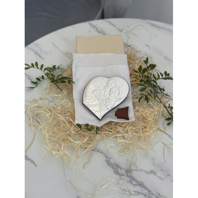 Срібна ікона у формі серця до Першої Сповіді та Урочистого Причастя 8.5х10.7 з Ангелами над немовлям