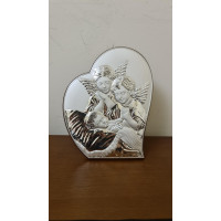 Срібна ікона-серце 16,5x21 см "Ангел Охоронець з дитиною" на Перше Причастя
