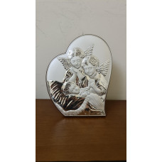Срібна ікона-серце 16,5x21 см "Ангел Охоронець з дитиною" на Перше Причастя