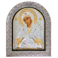 Семистрільна 21х26 см Срібна Ікона Божої Матері під Склом, обгорнута в темну шкіру (Греція)