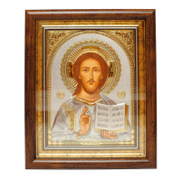 Ікона посріблена Спаситель Ісус Христос 15х1 см, прикрашена камінням Сваровськи, прямокутної форми під склом