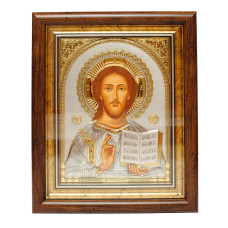 Ікона посріблена Спаситель Ісус Христос 15х1 см, прикрашена камінням Сваровськи, прямокутної форми під склом