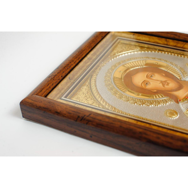 Икона серебренная Спаситель Иисус Христос 15х13см украшена камнями сваровски, прямоугольной формы под стеклом