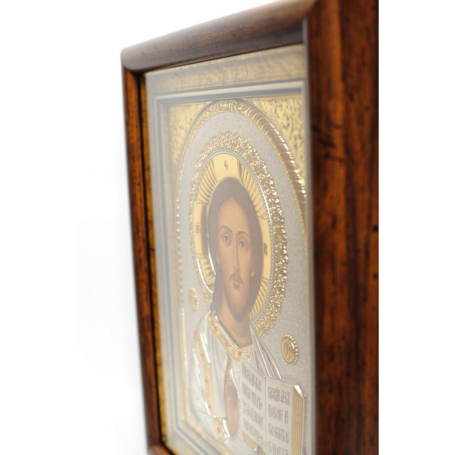 Икона серебренная Спаситель Иисус Христос 15х13см украшена камнями сваровски, прямоугольной формы под стеклом