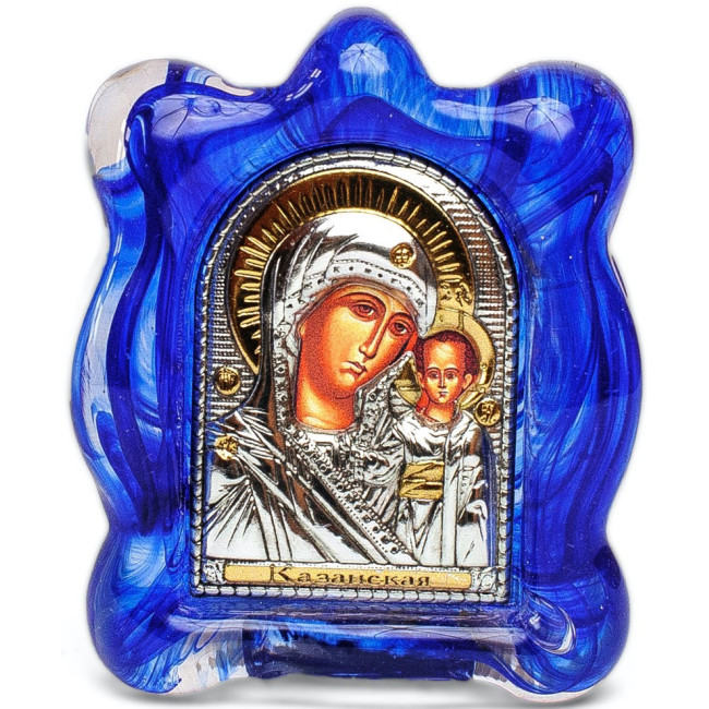 Казанська Божа Матір - Срібна Ікона в синьому Муранському склі 7х9 см