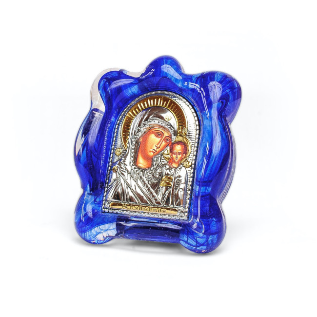 Казанська Божа Матір - Срібна Ікона в синьому Муранському склі 7х9 см