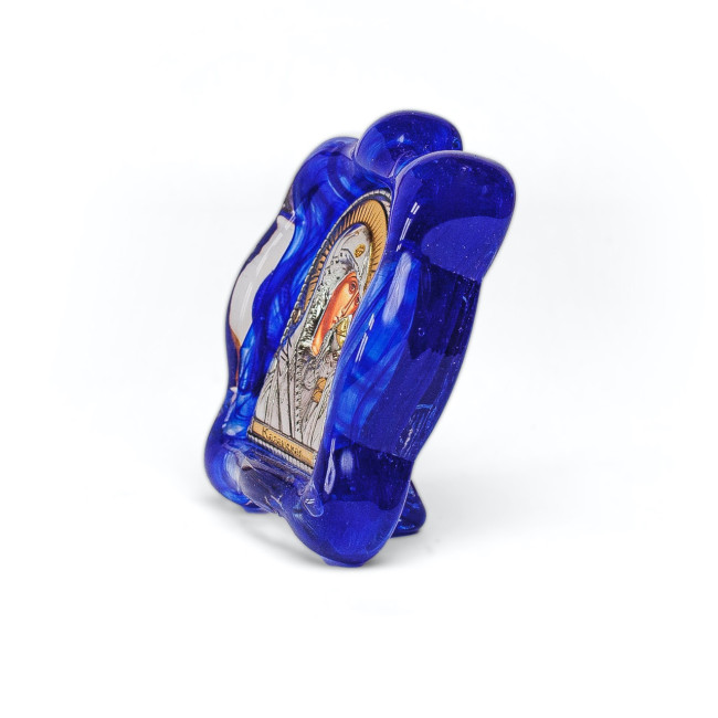 Казанська Божа Матір - Срібна Ікона в синьому Муранському склі 7х9 см