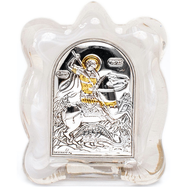 Ікона Георгія Побідоносця в білому муранському склі 7х9 см