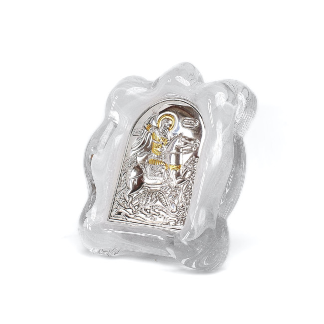 Ікона Георгія Побідоносця в білому муранському склі 7х9 см