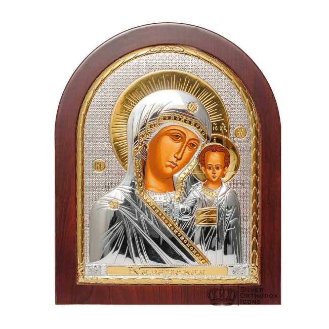 Срібна Ікона Казанської Божої Матері 14,7х18см арочної форми на дереві з рамкою EP4-004XAG/P