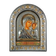 Казанська 12х 15,5 см Срібна Ікона Божої Матері під Склом, обгорнута в темну шкіру (Греція)