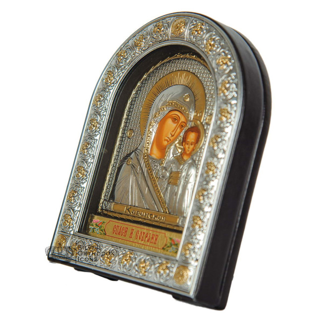 Казанська 12х 15,5 см Срібна Ікона Божої Матері під Склом, обгорнута в темну шкіру (Греція)
