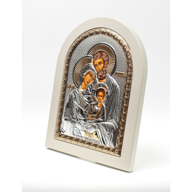 Святе Сімейство 20х25 см на білому дереві грецька срібна ікона