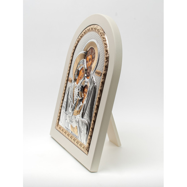 Святе Сімейство 20х25 см на білому дереві грецька срібна ікона