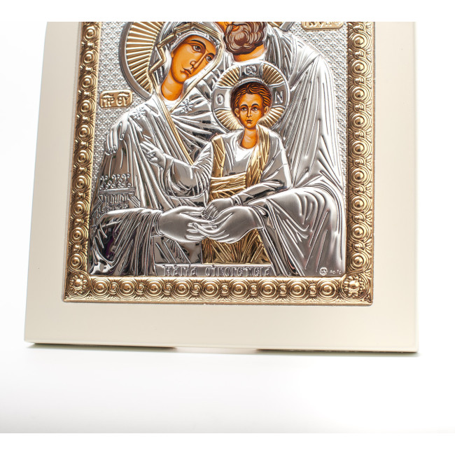 Святе Сімейство 20х25 см на білому дереві грецька срібна ікона