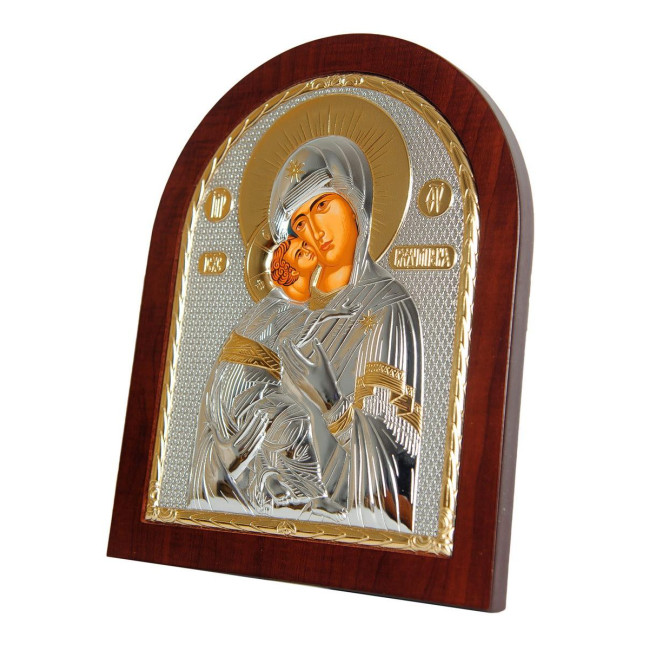 Серебряная Икона Владимирской Божьей Матери 10,7х12,8см арочной формы на дереве с рамкой EP3-007XAG/P