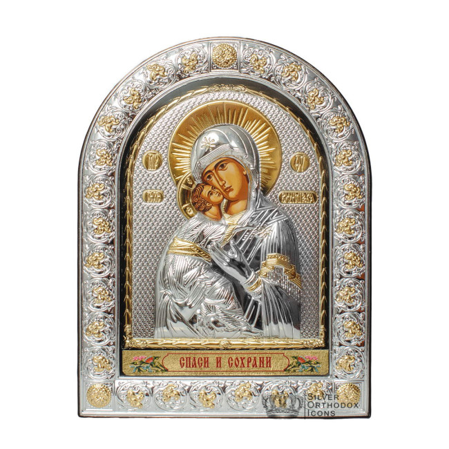 Володимирська Срібна Ікона Божої Матері під Склом, обгорнута в темну шкіру (Греція)