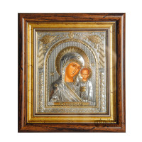 Икона серебренная Казанская Божия Матерь прямоугольной формы под стеклом 30,5х28,5 см