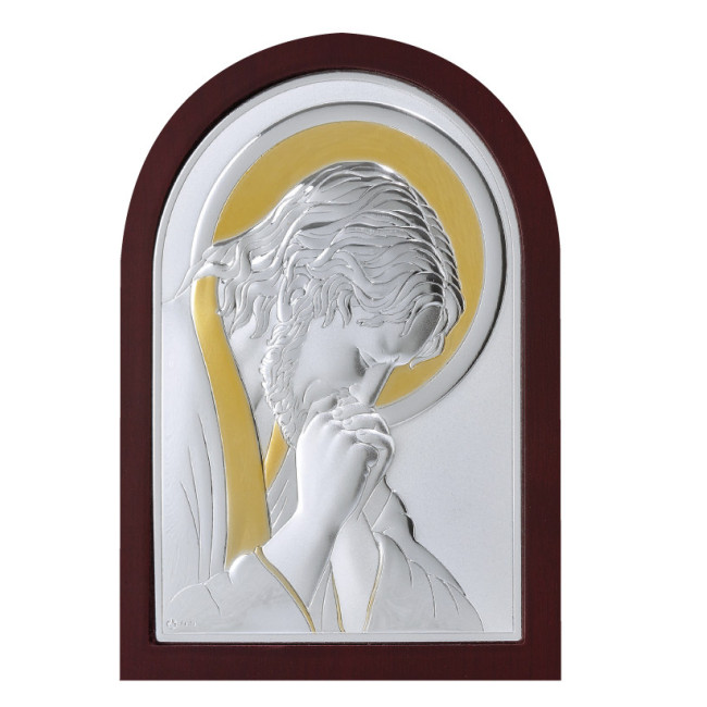 Ікона в католицькому стилі "Ісус, що молиться" аркової форми в срібному окладі 75Х95 мм