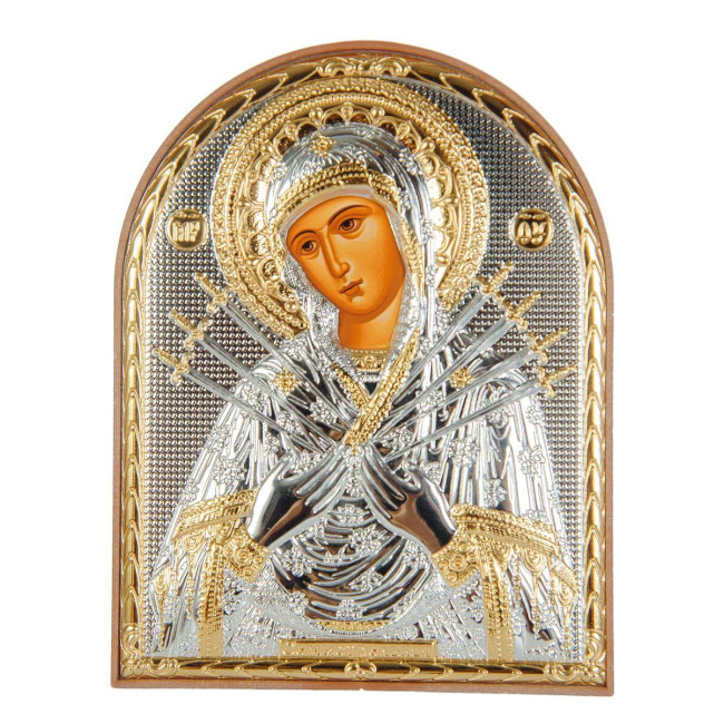 Ікона срібна Семистрільна Божа Матір 4х5,6 см на пластиковій основі (Греція)