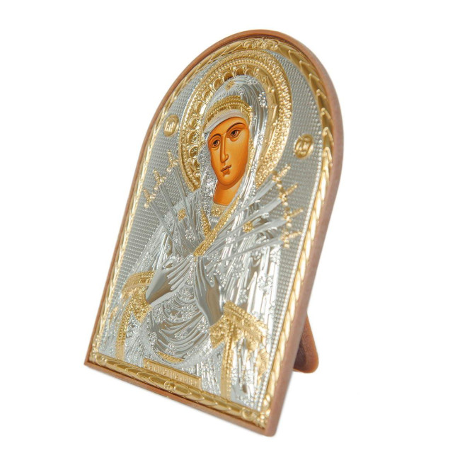 Ікона срібна Семистрільна Божа Матір 4х5,6 см на пластиковій основі (Греція)
