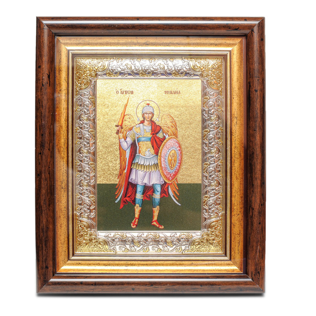 Ікона Архангел Михаїл 29х24 см срібна рамка з позолотою під склом