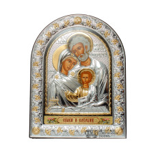 Свята Сім'я 16,5х21,5см Срібна Ікона під Склом, обгорнута темною шкірою (Греція)