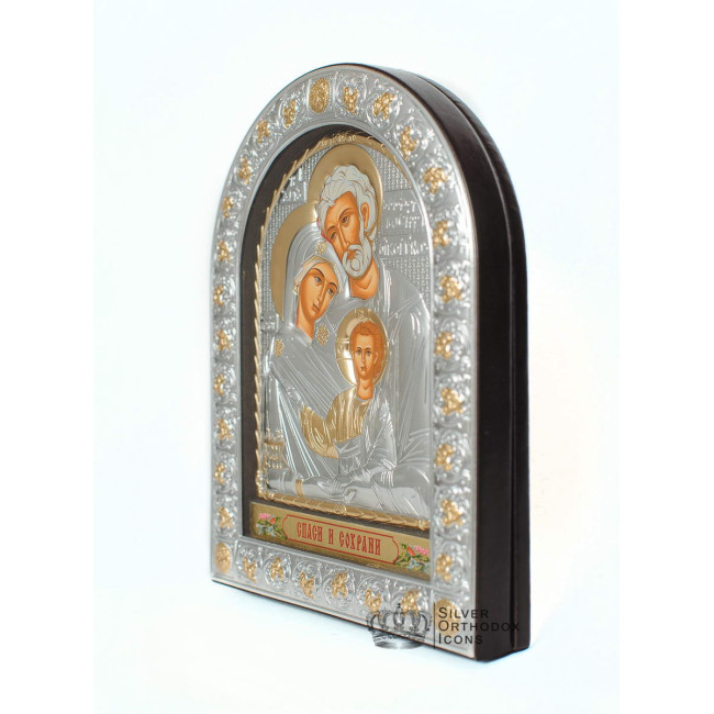 Свята Сім'я 16,5х21,5см Срібна Ікона під Склом, обгорнута темною шкірою (Греція)