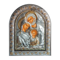 Свята Сім'я 21х26см Срібна Ікона під Склом, обгорнута темною шкірою (Греція)