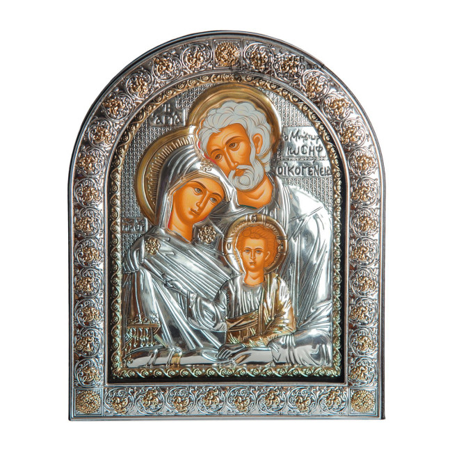 Свята Сім'я 21х26см Срібна Ікона під Склом, обгорнута темною шкірою (Греція)