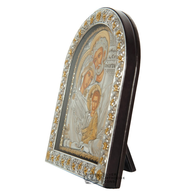 Свята Сім'я 21х26см Срібна Ікона під Склом, обгорнута темною шкірою (Греція)