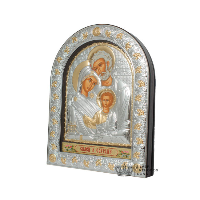 Свята Сім'я 21х26см Срібна Ікона під Склом, обгорнута темною шкірою (Греція)