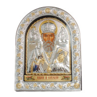 Святий Миколай 12х15,5 см, Срібна Ікона під Склом, обгорнута темною шкірою (Греція)