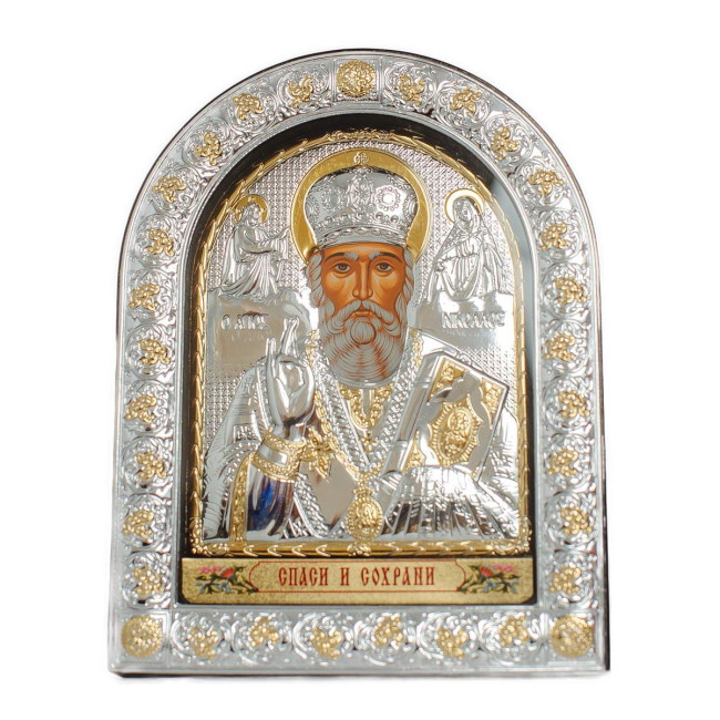 Святий Миколай 12х15,5 см, Срібна Ікона під Склом, обгорнута темною шкірою (Греція)