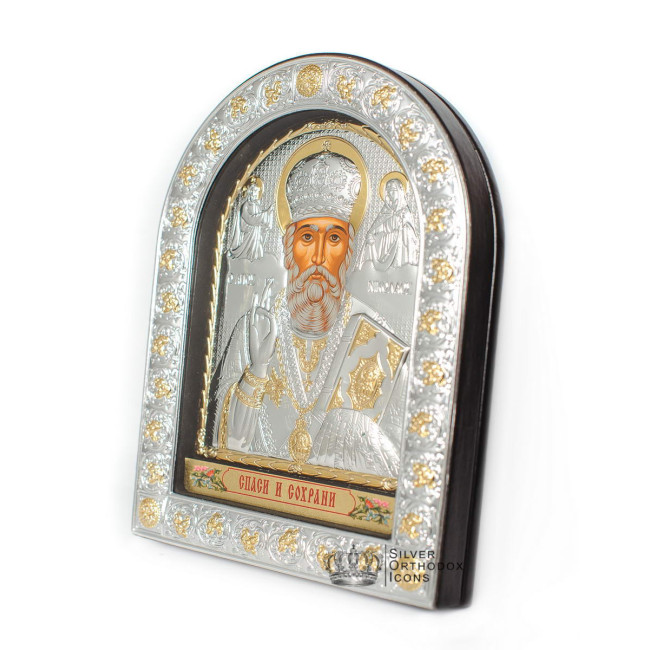 Святий Миколай 12х15,5 см, Срібна Ікона під Склом, обгорнута темною шкірою (Греція)