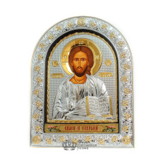 Спаситель Ісус 16,5х21,5см Срібна Ікона під Склом, обгорнута темною шкірою (Греція)
