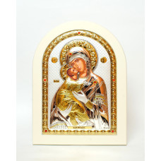 Володимирська Божа Матір, срібна ікона на білому дереві 15х21 см