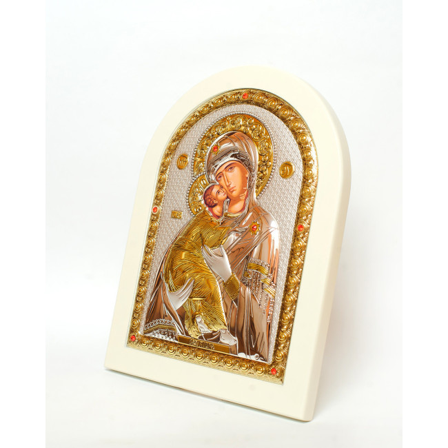 Володимирська Божа Матір, срібна ікона на білому дереві 15х21 см
