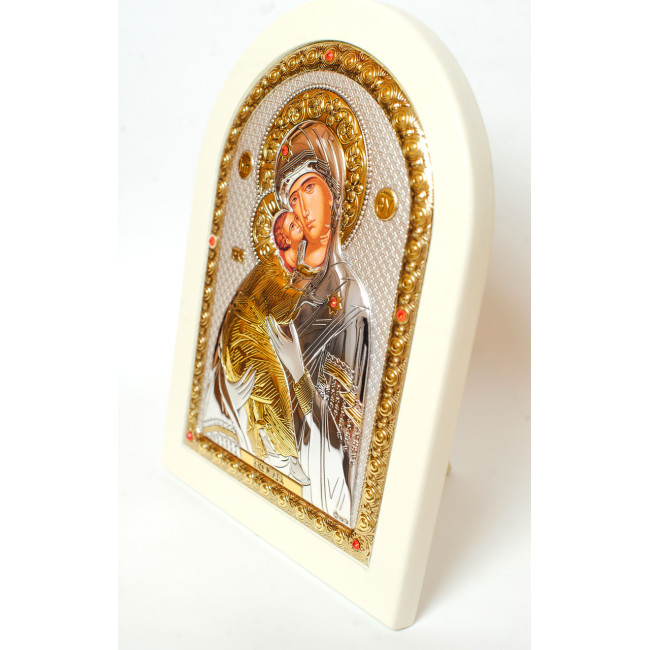 Володимирська Божа Матір, срібна ікона на білому дереві 15х21 см