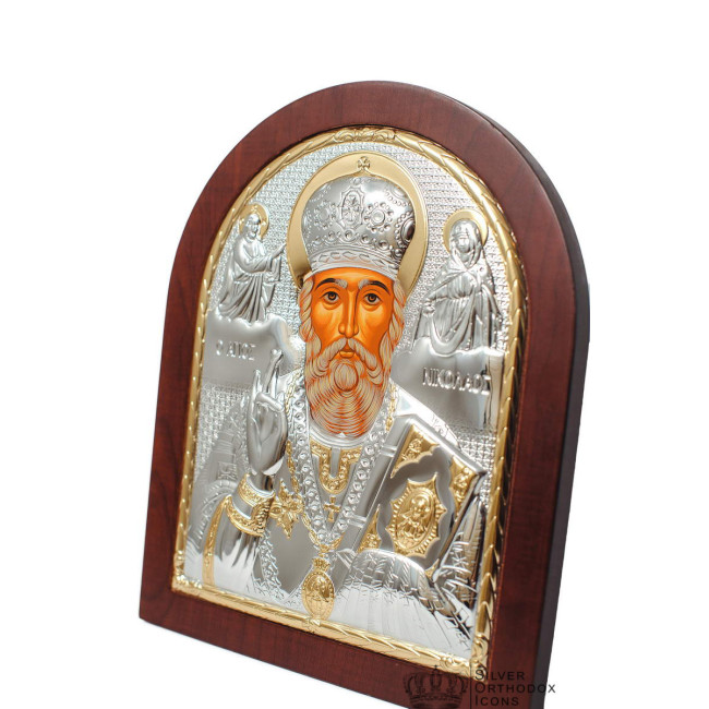 Срібна Ікона Святого Миколая Чудотворця 20х25см арочної форми на дереві з рамкою EP5-009XAG/P