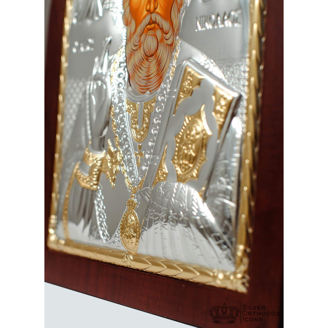 Срібна Ікона Святого Миколая Чудотворця 20х25см арочної форми на дереві з рамкою EP5-009XAG/P