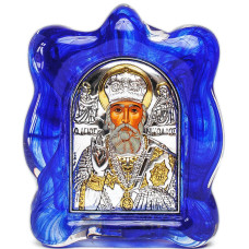 Ікона Миколая Чудотворця в Муранському склі синього кольору 7х9 см