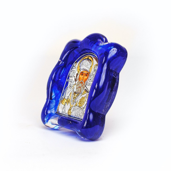 Ікона Миколая Чудотворця в Муранському склі синього кольору 7х9 см