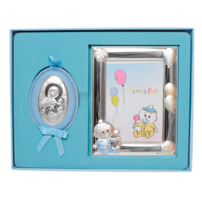 Подарунковий набір срібна рамка для фото 17х13см ікона на подушечці 10х5 см