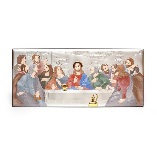Таємна Вечеря 38,5х17 см Срібна Ікона, прикрашена Різнобарвною Емаллю