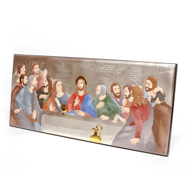 Таємна Вечеря 38,5х17 см Срібна Ікона, прикрашена Різнобарвною Емаллю